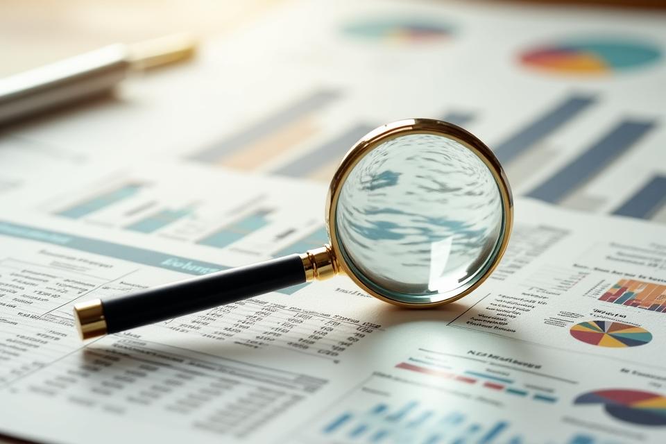 Magnifying glass over financial documents and charts, symbolizing detailed scrutiny and due diligence.