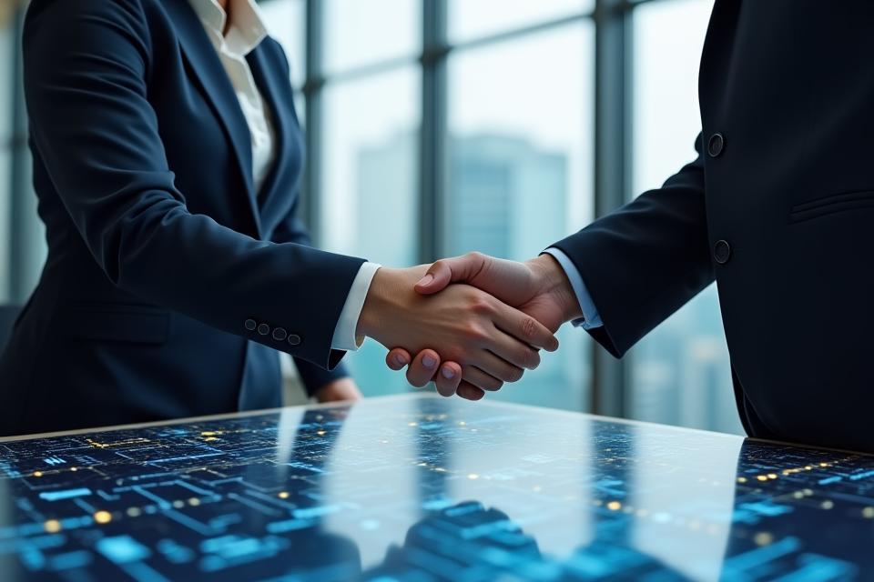 Two business people shaking hands over a deal table, with a blueprint effect overlay. Symbolizes successful M&A transaction.