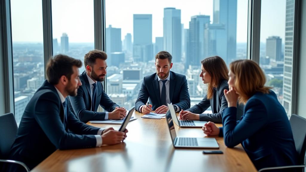 Team von Finanzexperten, die in einem modernen Bürogebäude in Frankfurt am Main zusammenarbeiten und strategische Finanzanalysen durchführen.
